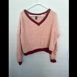 Rue 21 Light Pink and Burgundy Crop Top Knit Sweater - Large
